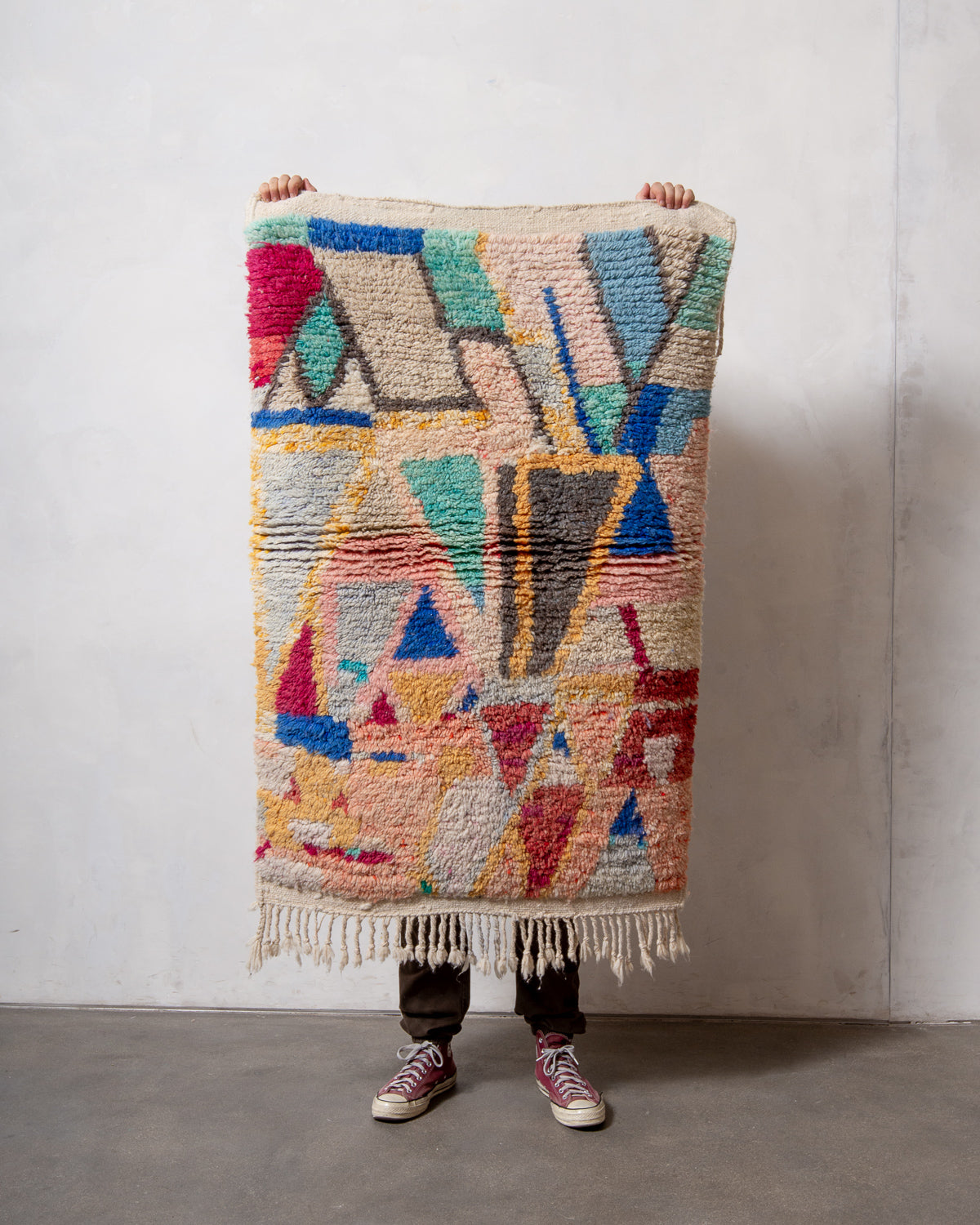 Modern, designer, handcrafted Berber rug from Morocco. Vintage carpet with beautiful colours and patterns and fluffy texture.