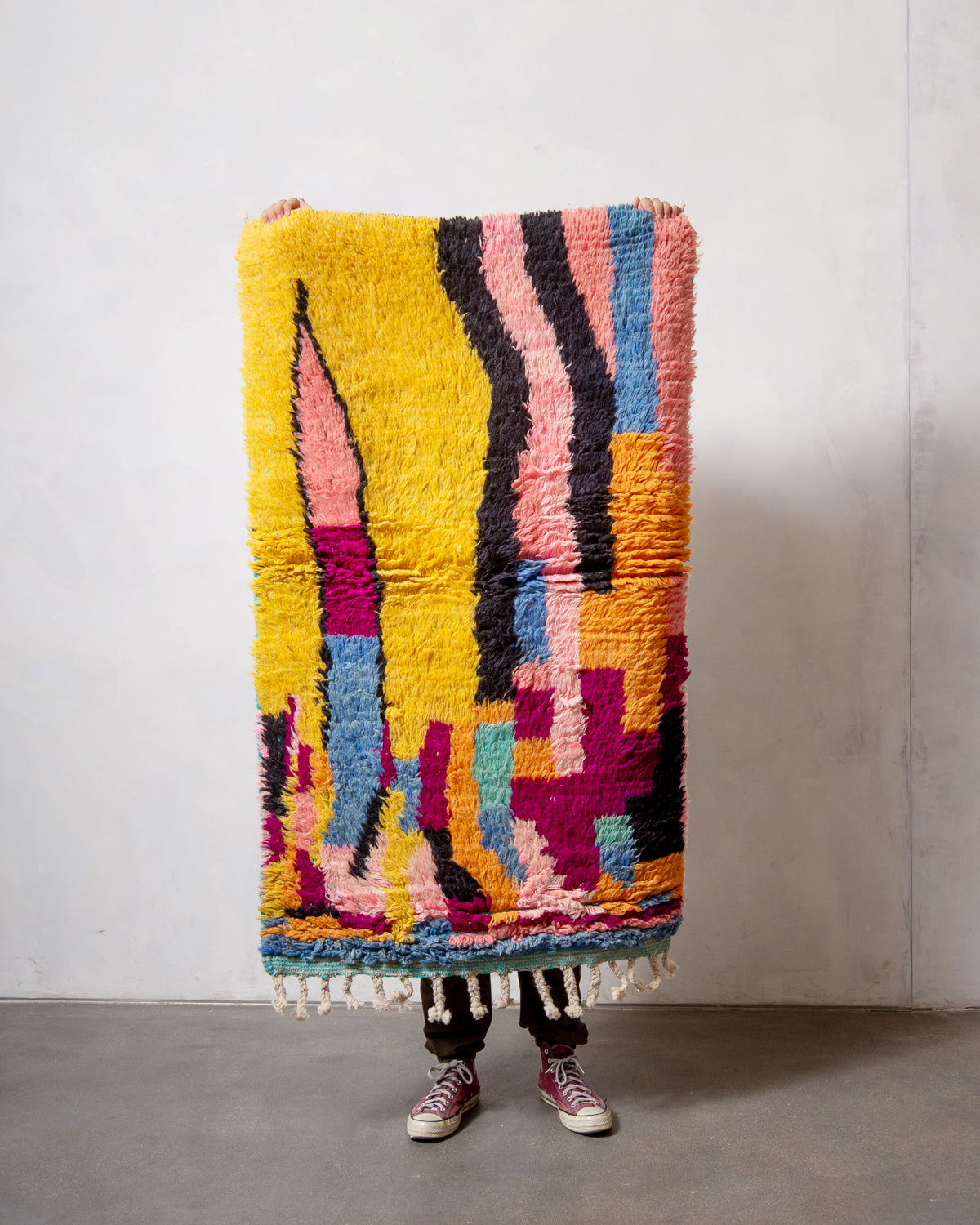 Modern, designer, handcrafted Berber rug from Morocco. Vintage carpet with beautiful colours and patterns and fluffy texture.