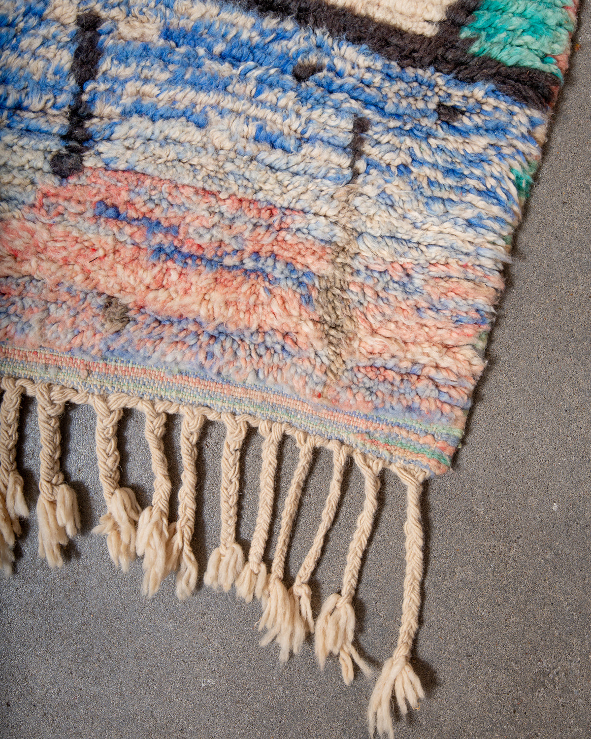 Modern, designer, handcrafted Berber runner rug from Morocco. Vintage carpet with beautiful colours and patterns and fluffy texture.