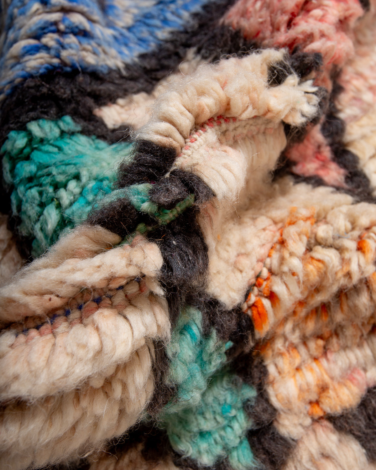 Modern, designer, handcrafted Berber runner rug from Morocco. Vintage carpet with beautiful colours and patterns and fluffy texture.