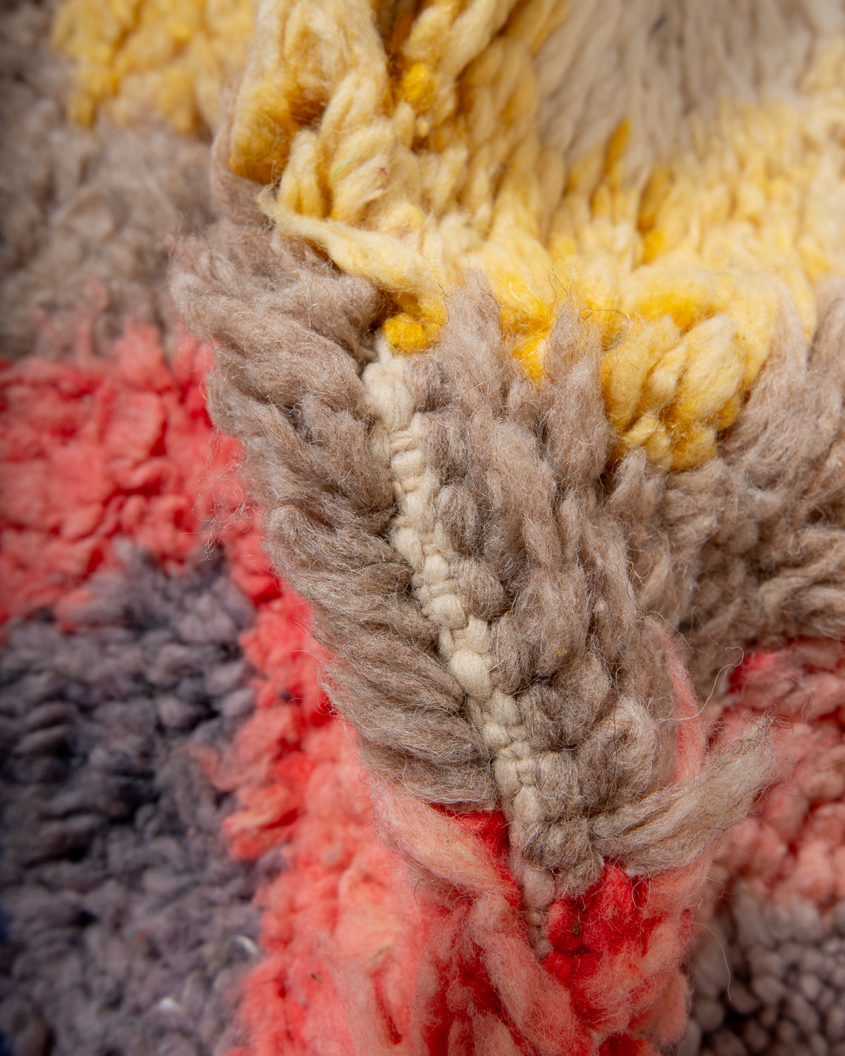 Modern, designer, handcrafted Berber rug from Morocco. Vintage carpet with beautiful colours and patterns and fluffy texture.