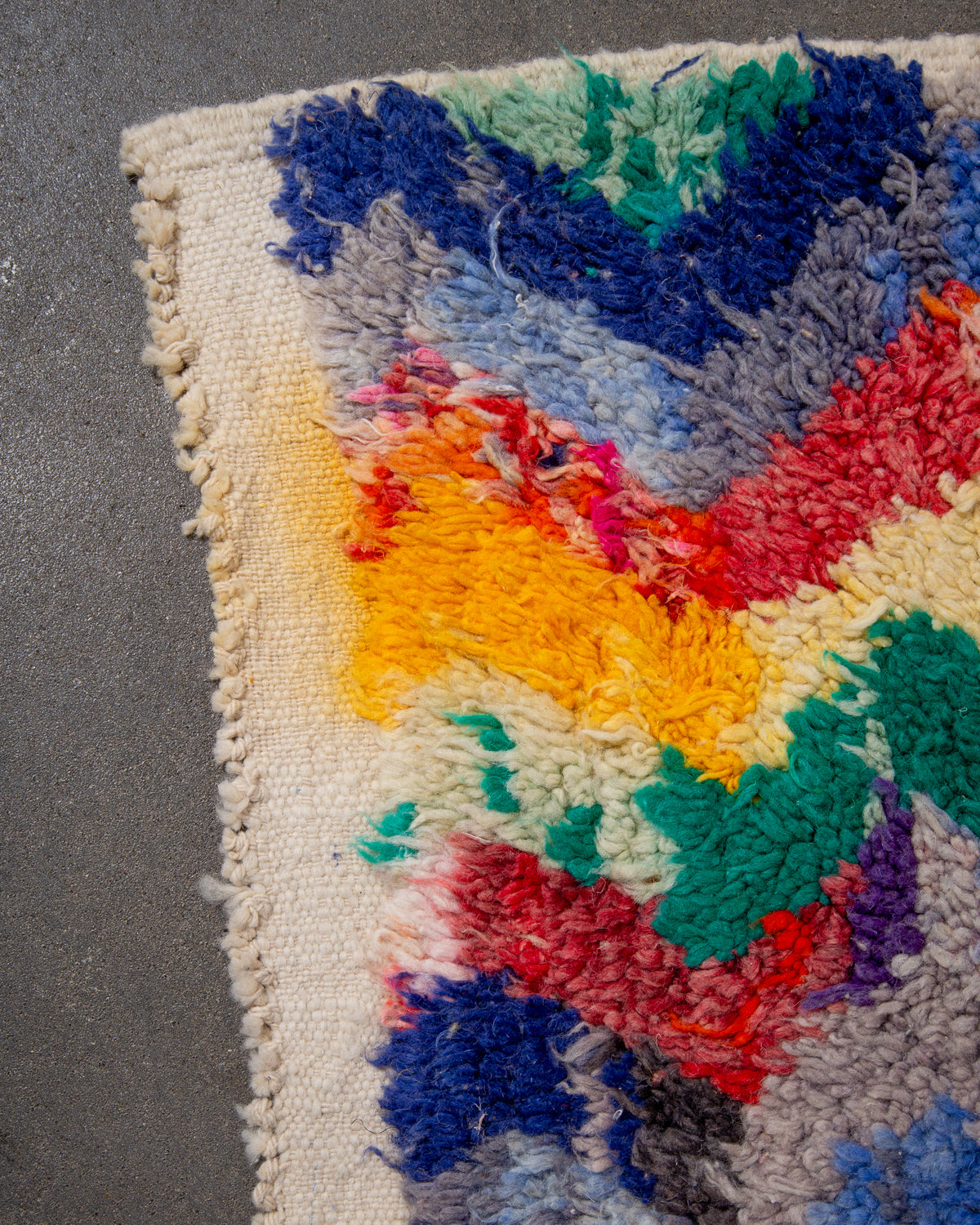 Modern, designer, handcrafted Berber rug from Morocco. Vintage carpet with beautiful colours and patterns and fluffy texture.