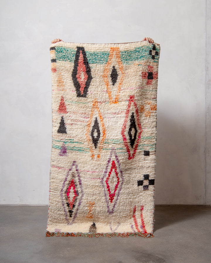 Modern, designer, handcrafted Berber runner rug from Morocco. Vintage carpet with beautiful colours and patterns and fluffy texture.