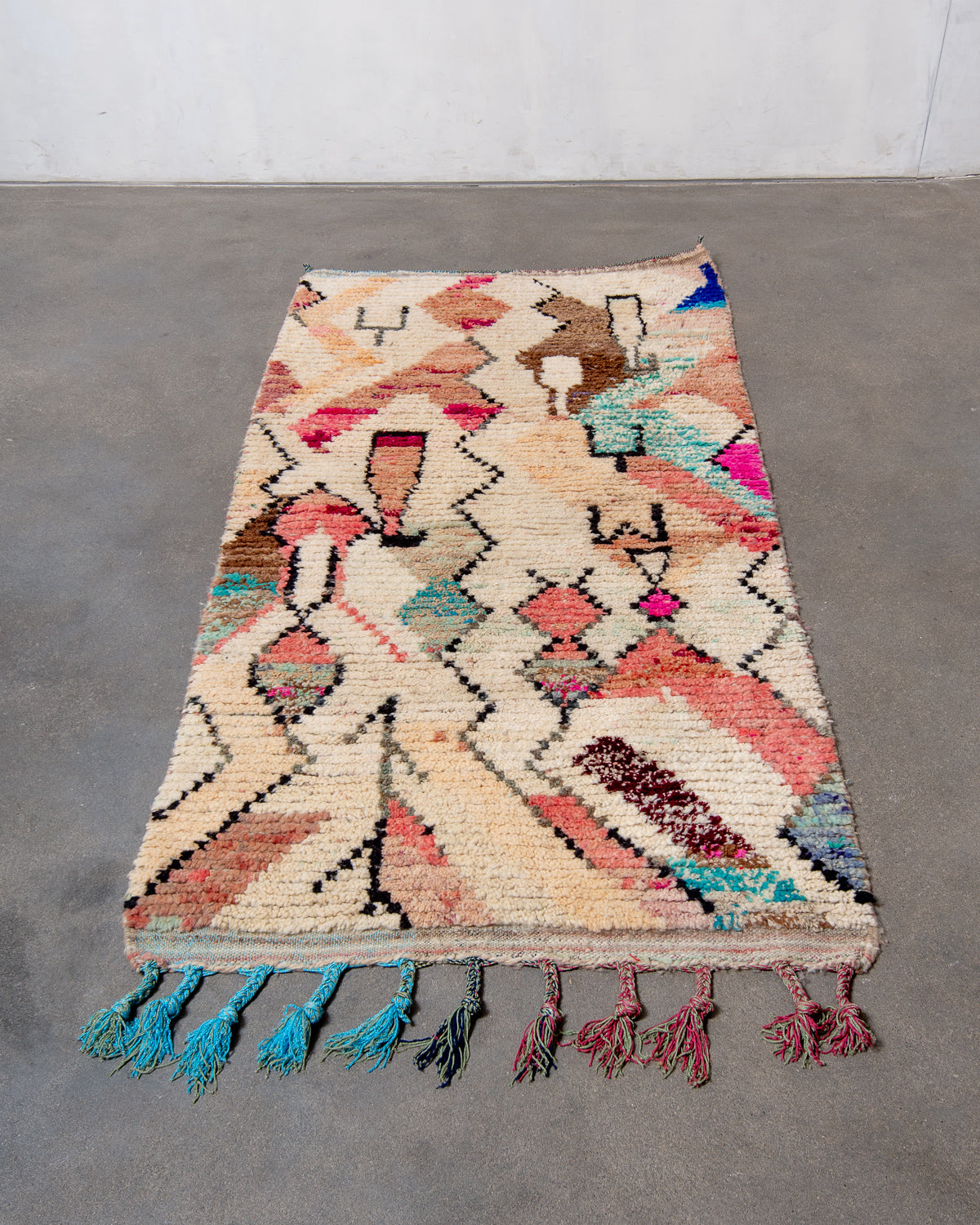 Modern, designer, handcrafted Berber runner rug from Morocco. Vintage carpet with beautiful colours and patterns and fluffy texture.
