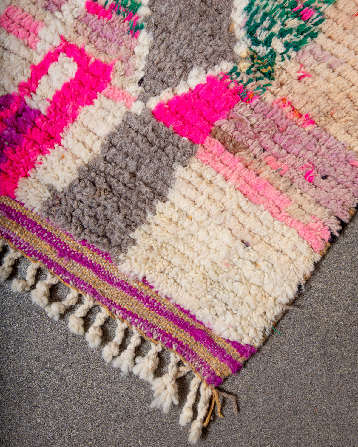Modern, designer, handcrafted Berber rug from Morocco. Vintage carpet with beautiful colours and patterns and fluffy texture.