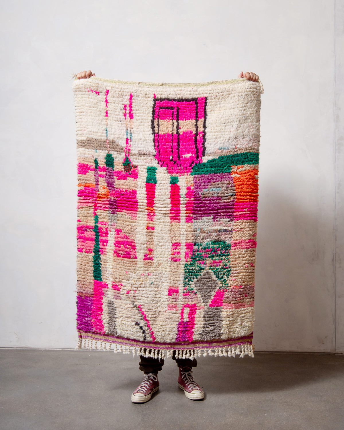 Modern, designer, handcrafted Berber rug from Morocco. Vintage carpet with beautiful colours and patterns and fluffy texture.