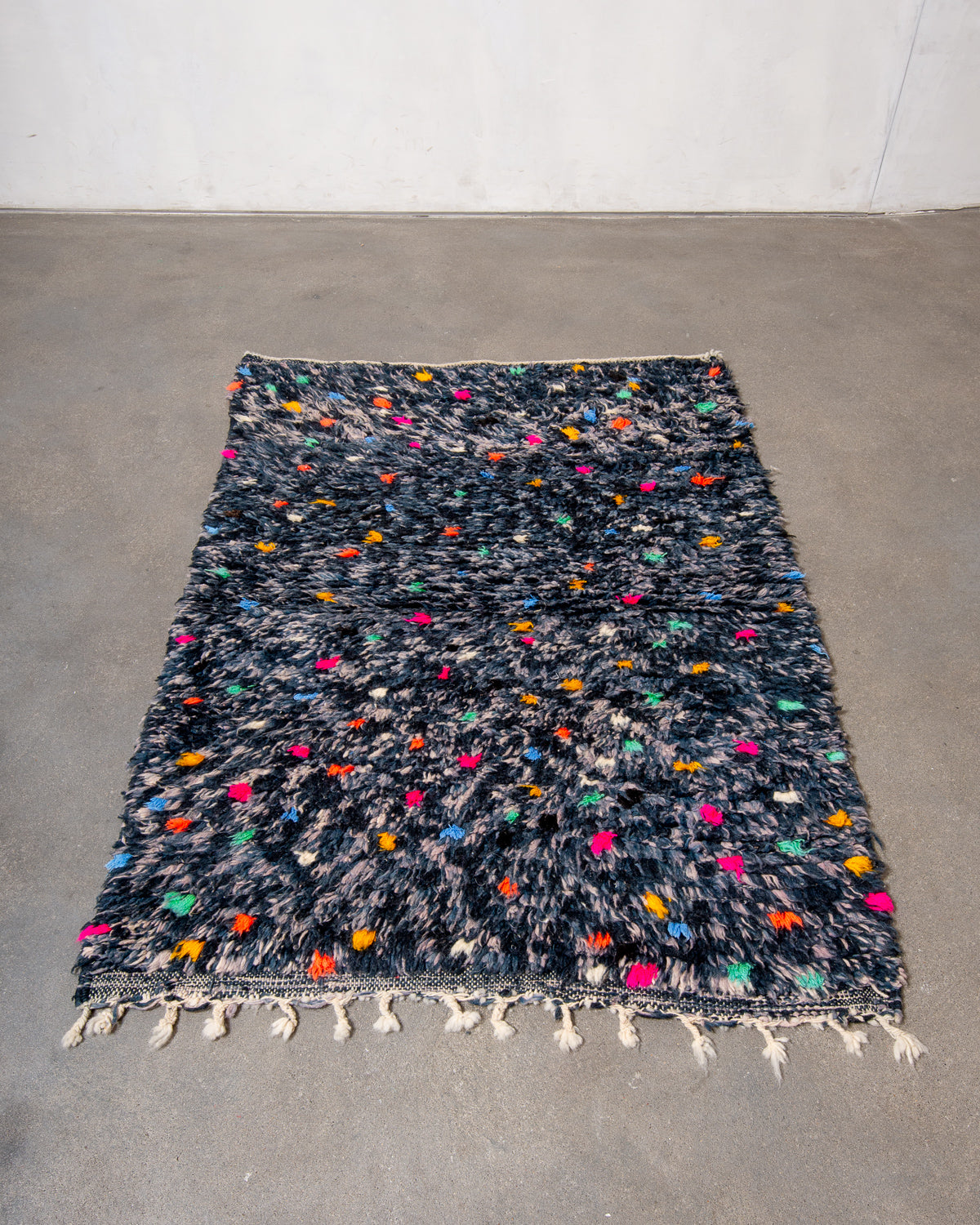 Modern, designer, handcrafted Berber rug from Morocco. Vintage carpet with beautiful colours and patterns and fluffy texture.