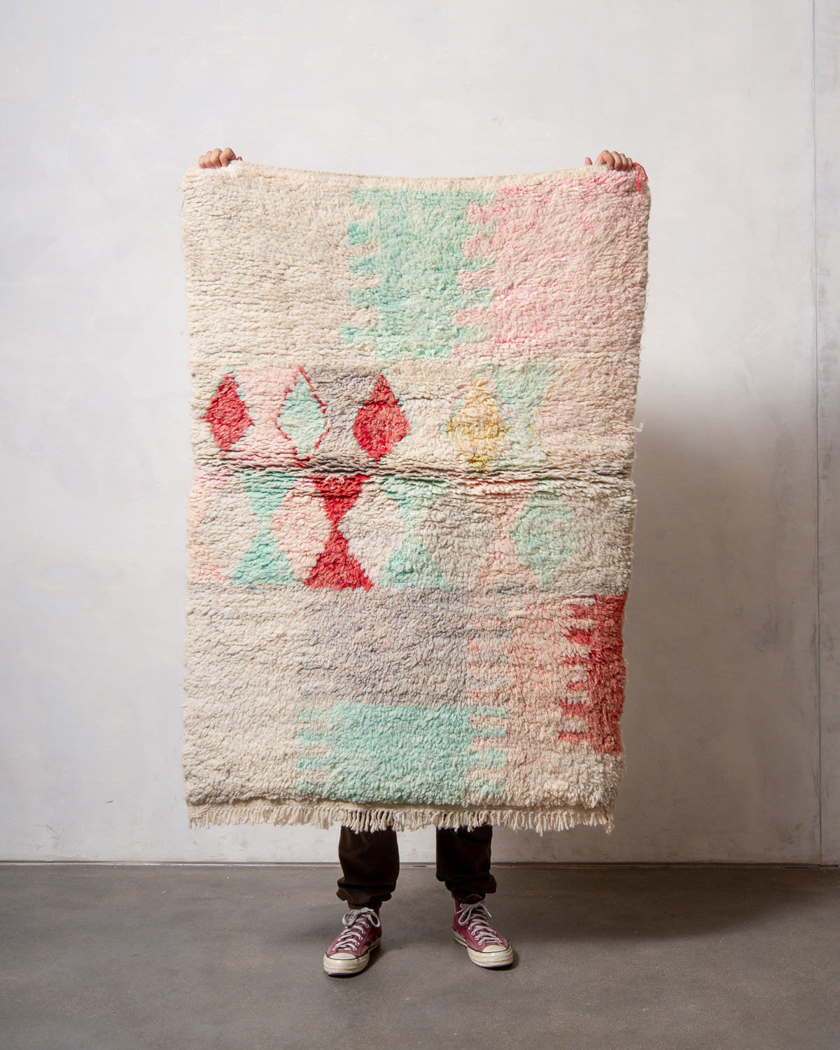 Modern, designer, handcrafted Berber rug from Morocco. Vintage carpet with beautiful colours and patterns and fluffy texture.