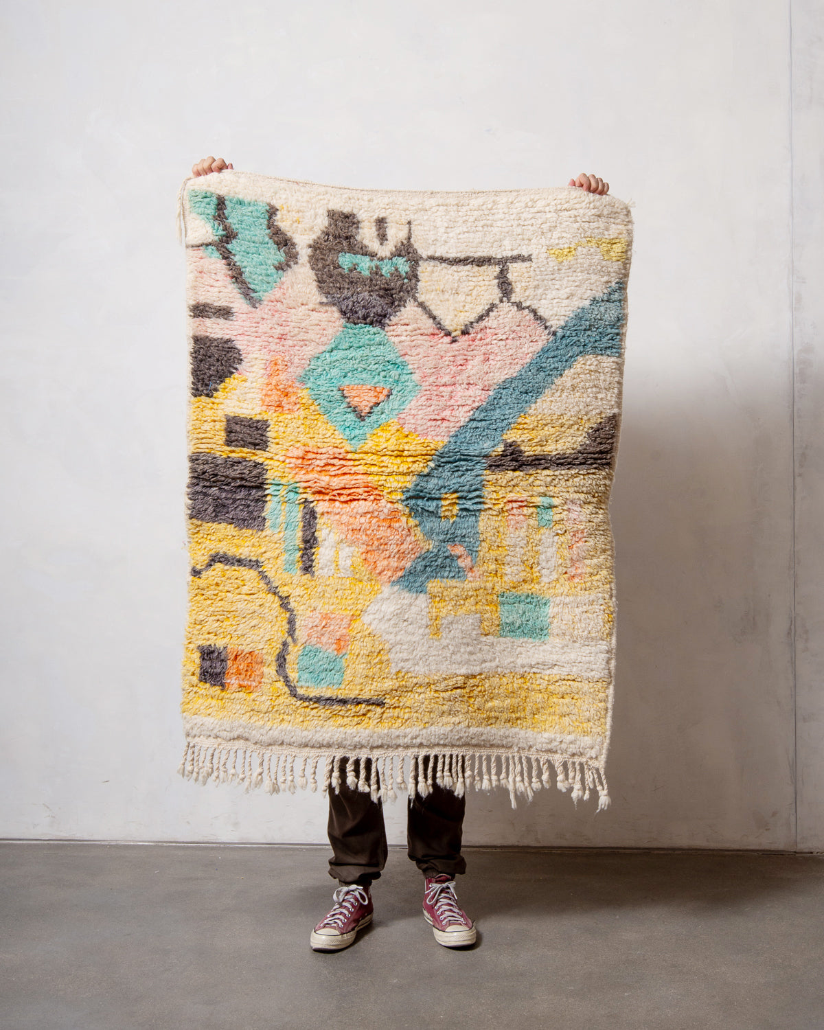 Modern, designer, handcrafted Berber rug from Morocco. Vintage carpet with beautiful colours and patterns and fluffy texture.