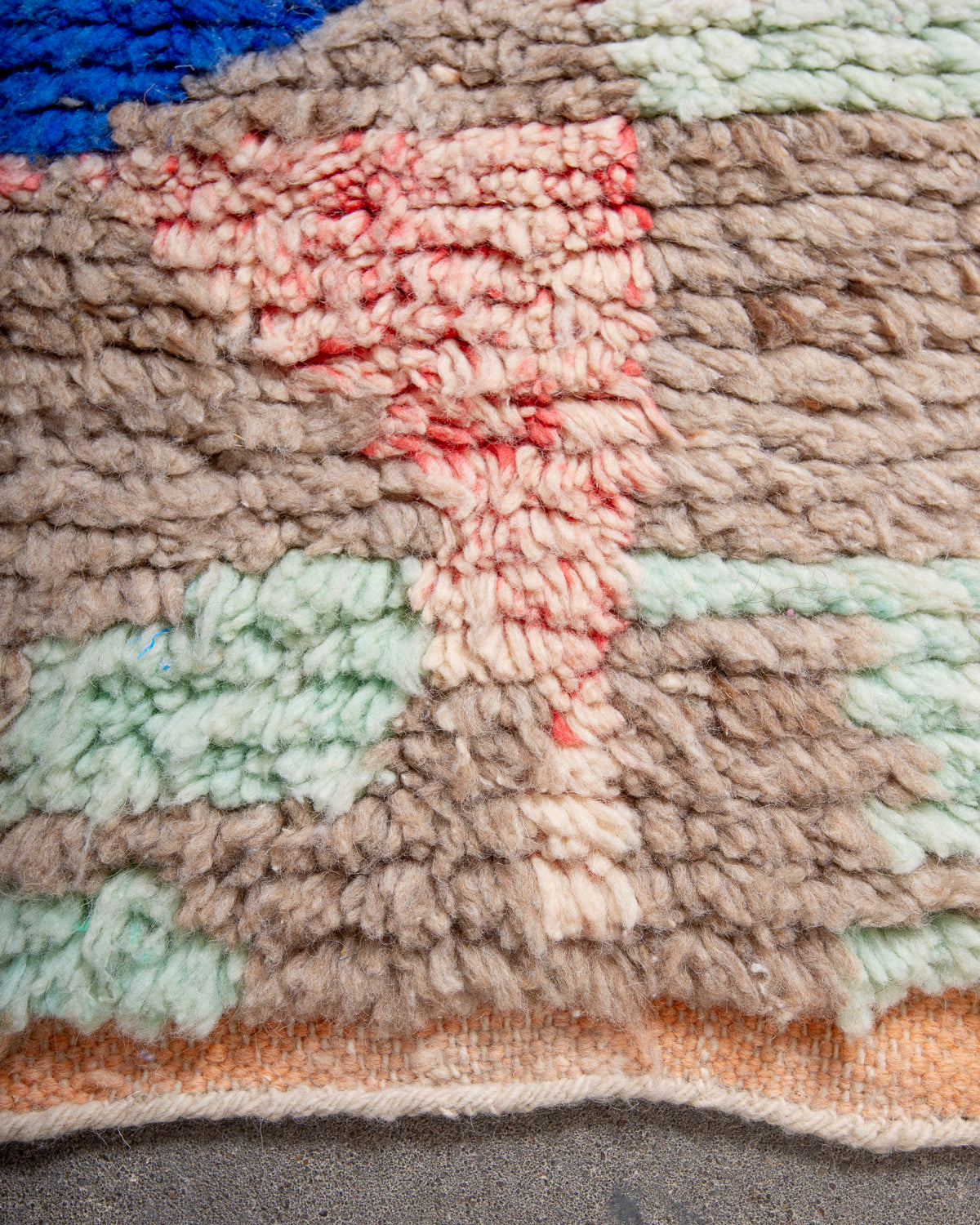 Modern, designer, handcrafted Berber rug from Morocco. Vintage carpet with beautiful colours and patterns and fluffy texture.