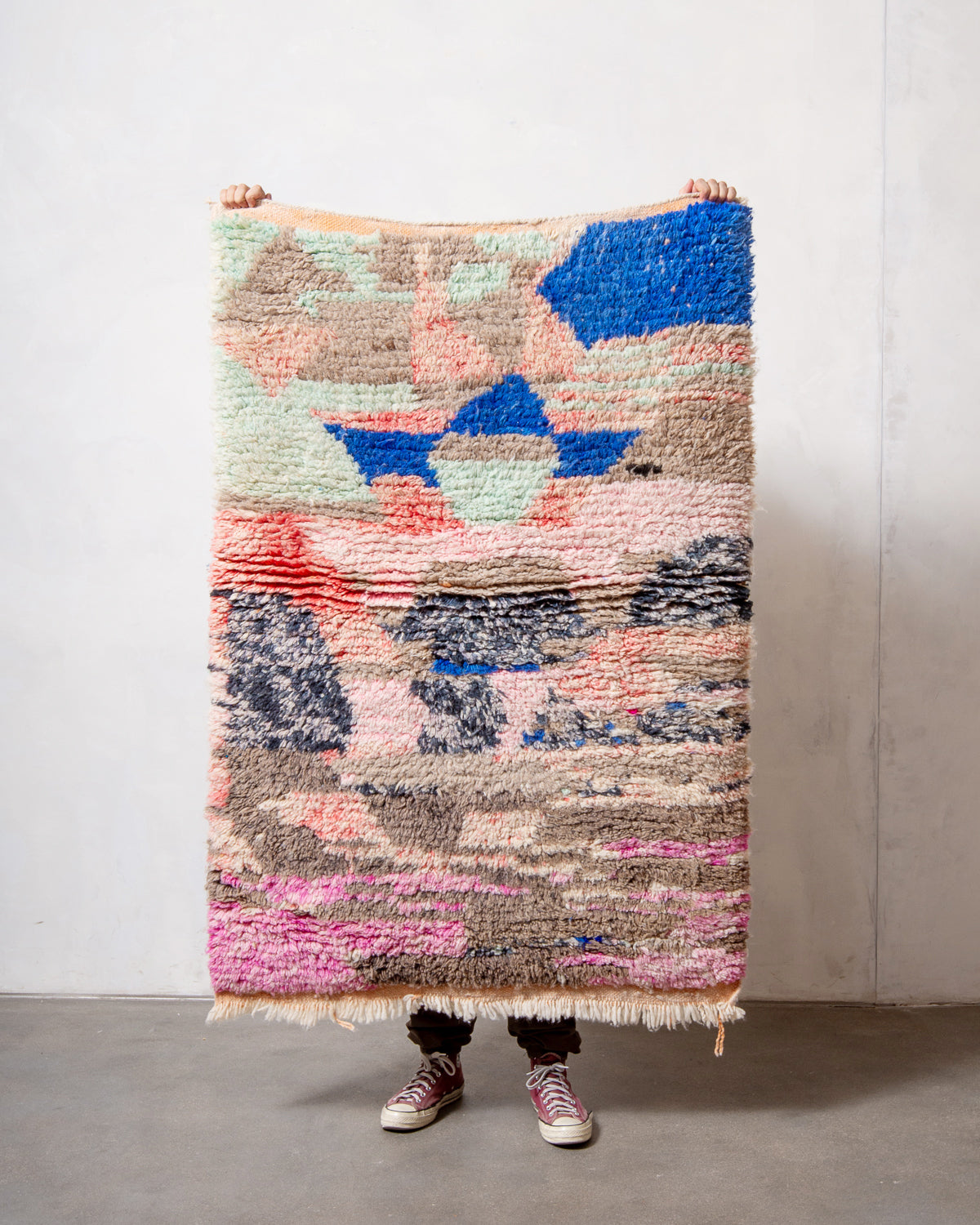 Modern, designer, handcrafted Berber rug from Morocco. Vintage carpet with beautiful colours and patterns and fluffy texture.