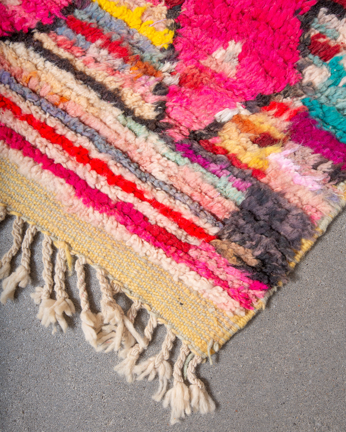 Modern, designer, handcrafted Berber rug from Morocco. Vintage carpet with beautiful colours and patterns and fluffy texture.