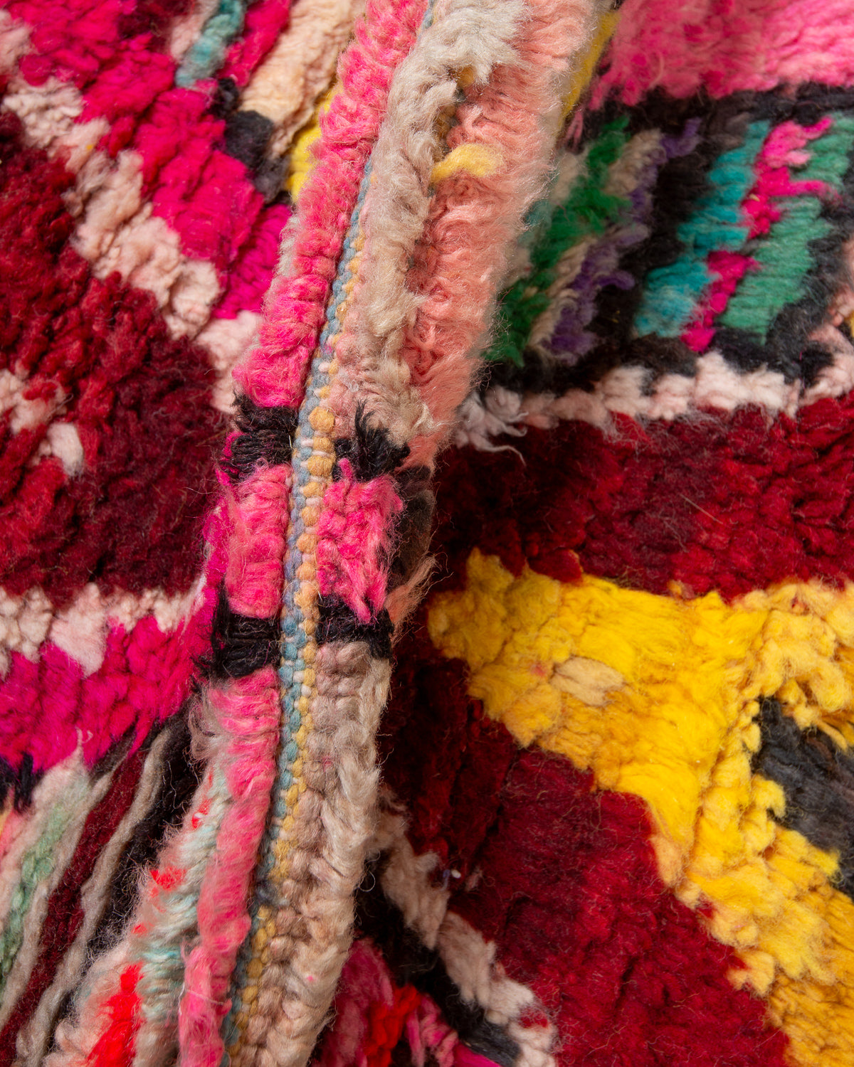 Modern, designer, handcrafted Berber rug from Morocco. Vintage carpet with beautiful colours and patterns and fluffy texture.