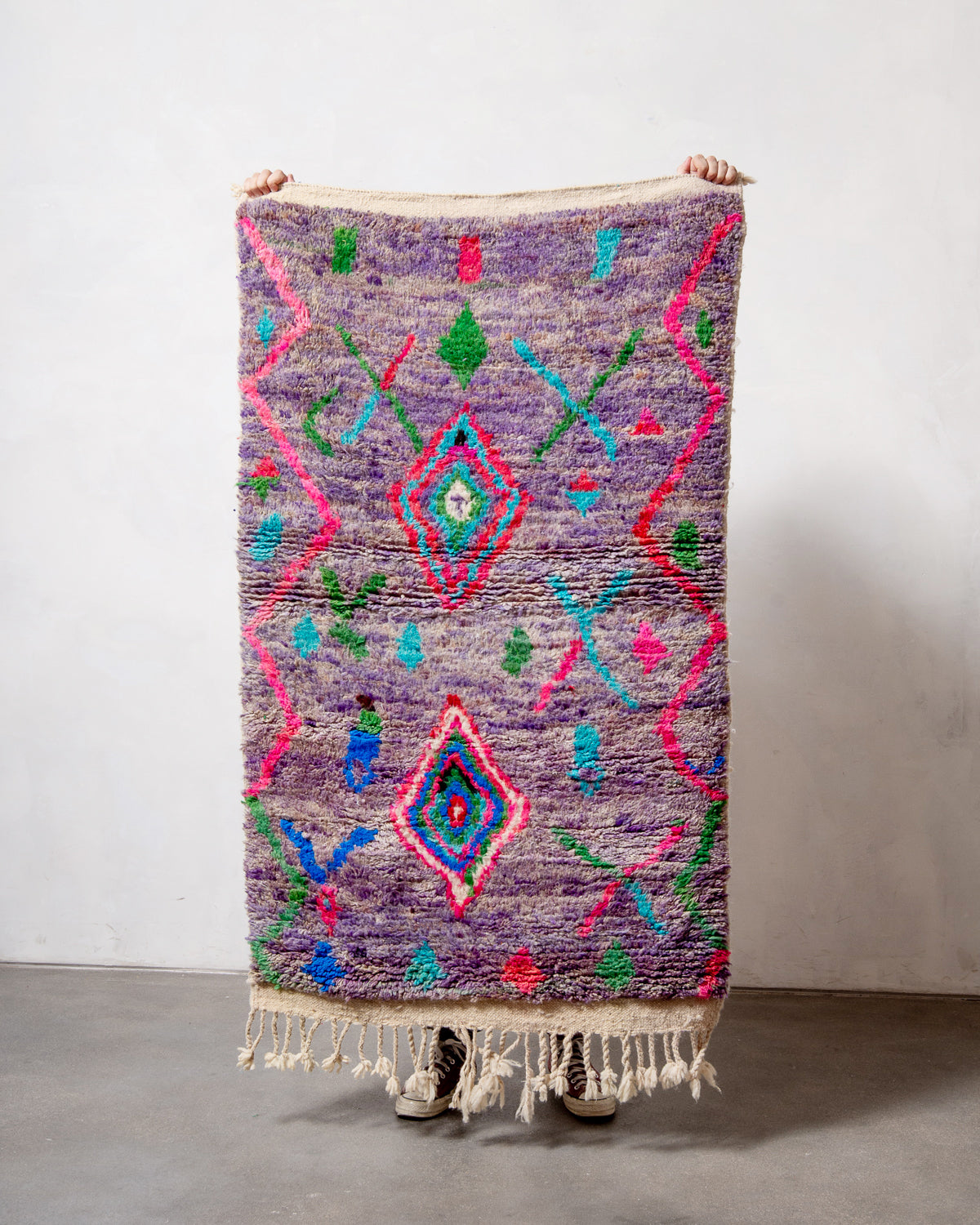 Modern, designer, handcrafted Berber rug from Morocco. Vintage carpet with beautiful colours and patterns and fluffy texture.