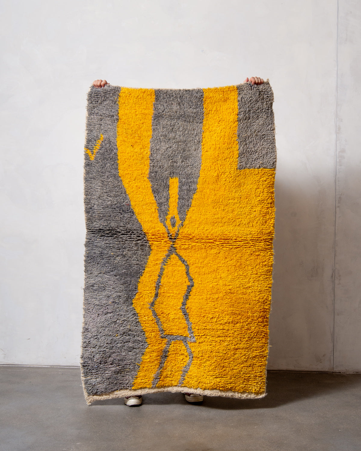 Modern, designer, handcrafted Berber rug from Morocco. Vintage carpet with beautiful colours and patterns and fluffy texture.