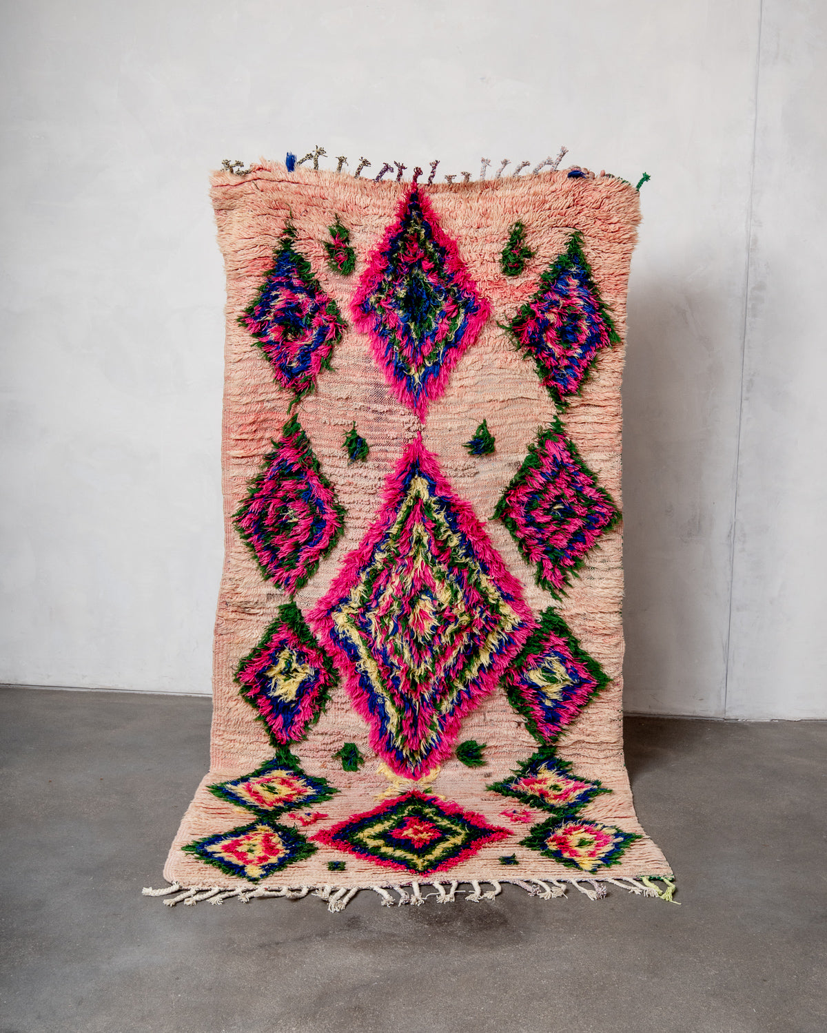 Modern, designer, handcrafted Berber runner rug from Morocco. Vintage carpet with beautiful colours and patterns and fluffy texture.