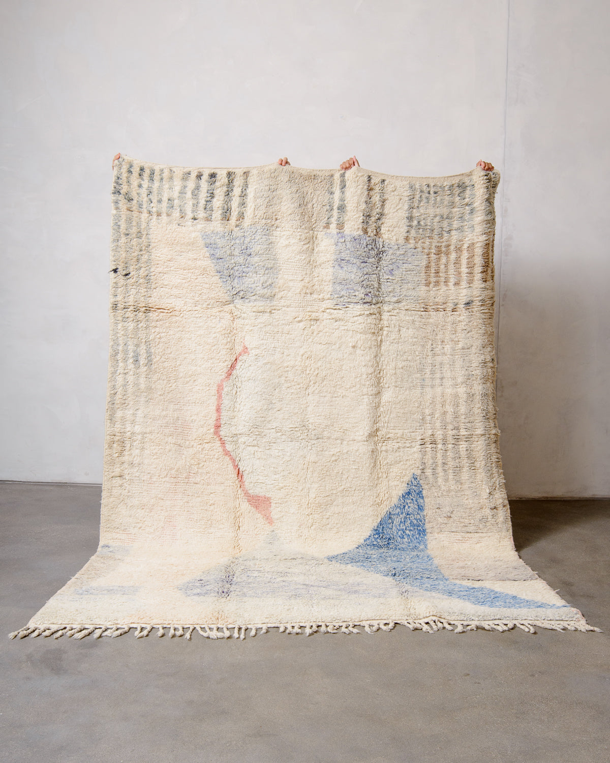 Modern, designer, handcrafted Berber rug from Morocco. Vintage carpet with beautiful colours and patterns and fluffy texture.