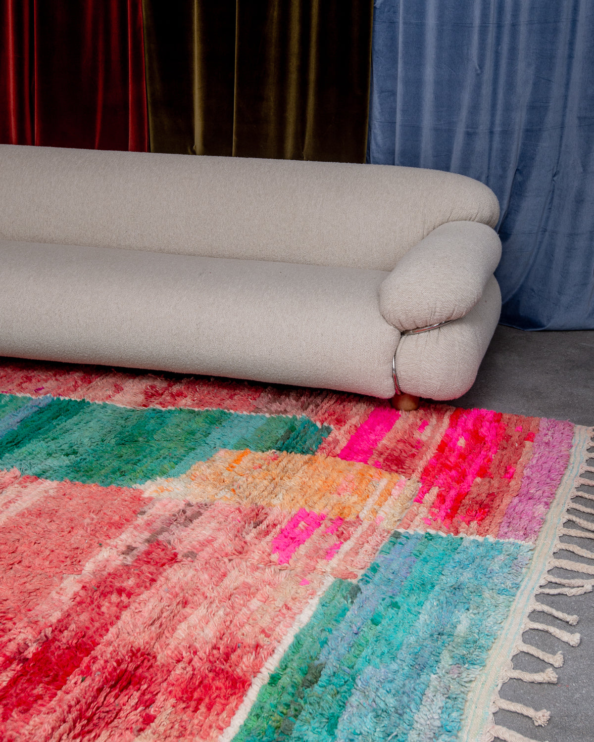 Modern, designer, handcrafted Berber rug from Morocco. Vintage carpet with beautiful colours and patterns and fluffy texture.