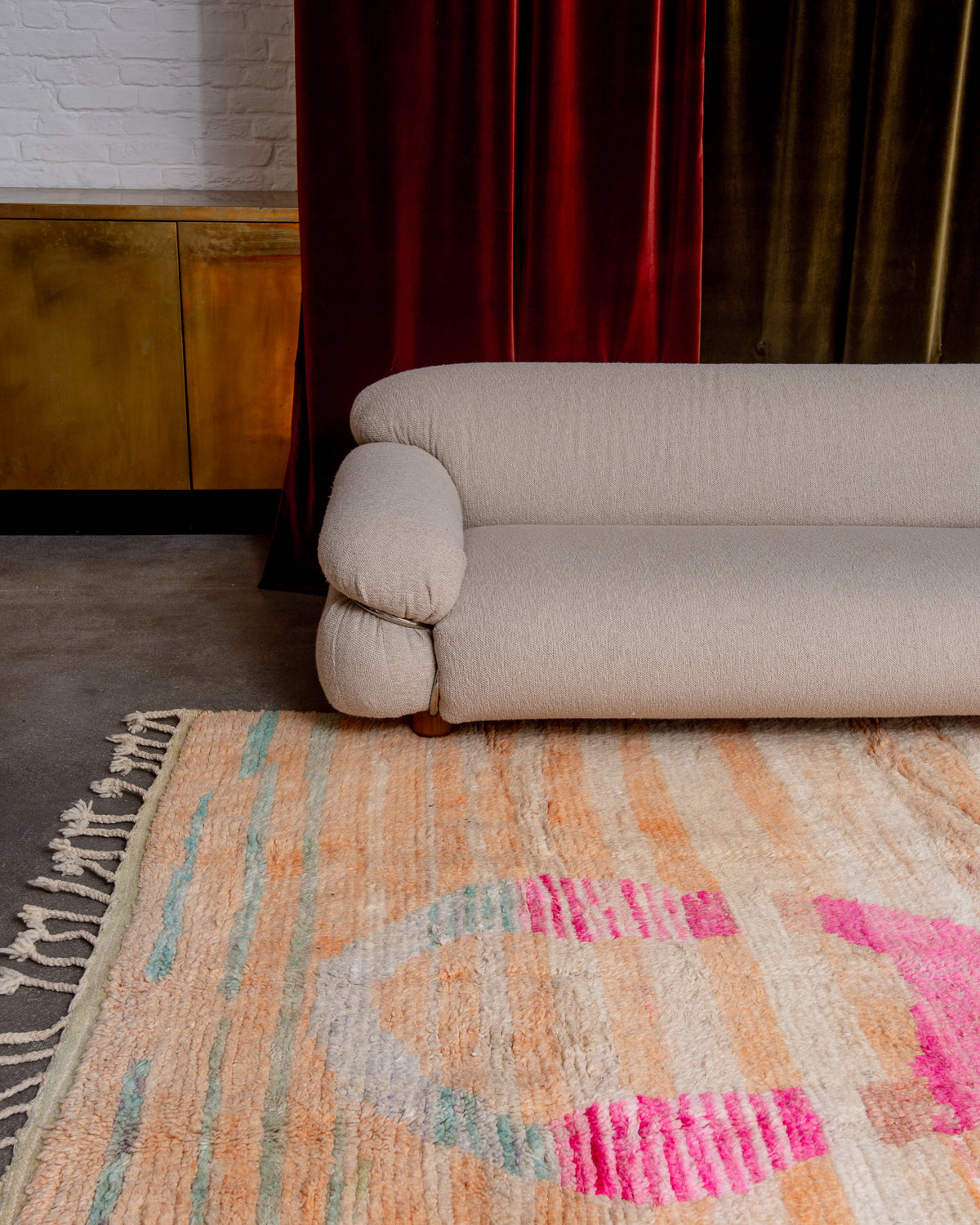 Modern, designer, handcrafted Berber rug from Morocco. Vintage carpet with beautiful colours and patterns and fluffy texture.