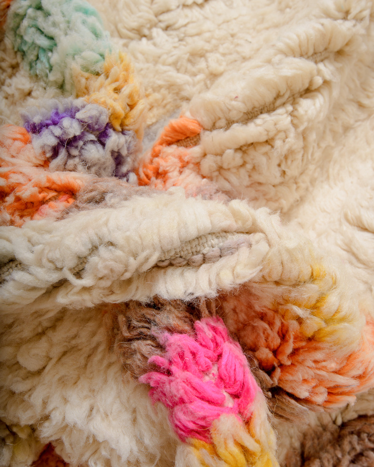 Modern, designer, handcrafted Berber rug from Morocco. Vintage carpet with beautiful colours and patterns and fluffy texture.