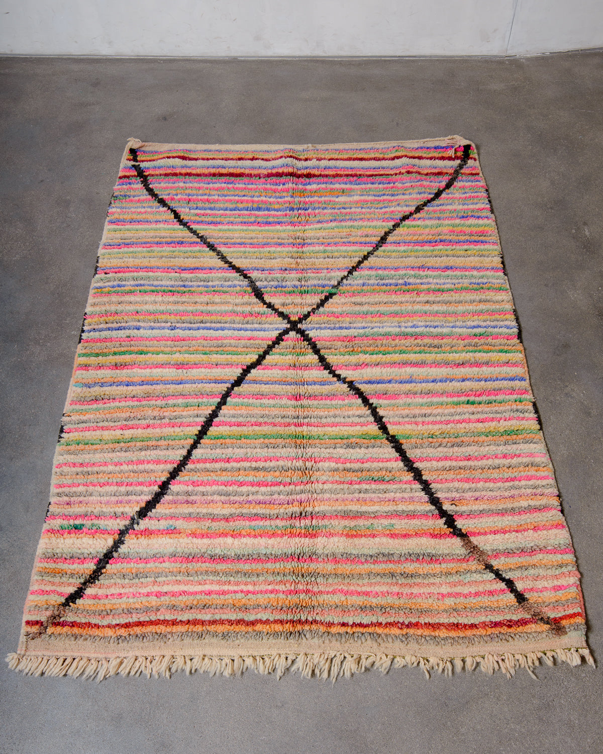 Modern, designer, handcrafted Berber rug from Morocco. Vintage carpet with beautiful colours and patterns and fluffy texture.