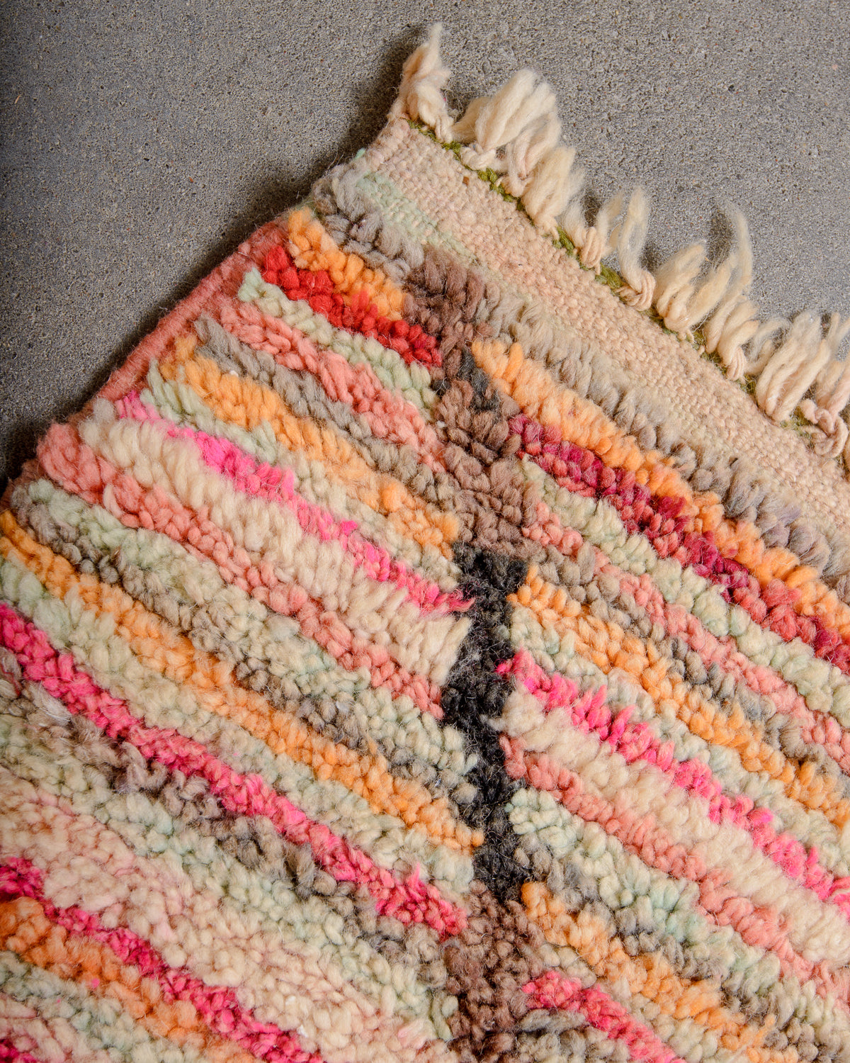 Modern, designer, handcrafted Berber rug from Morocco. Vintage carpet with beautiful colours and patterns and fluffy texture.