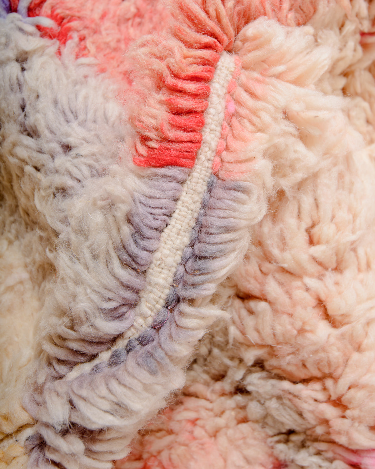 Modern, designer, handcrafted Berber rug from Morocco. Vintage carpet with beautiful colours and patterns and fluffy texture.