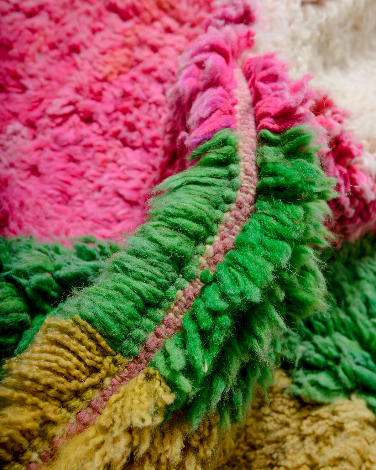 Modern, designer, handcrafted Berber rug from Morocco. Vintage carpet with beautiful colours and patterns and fluffy texture.