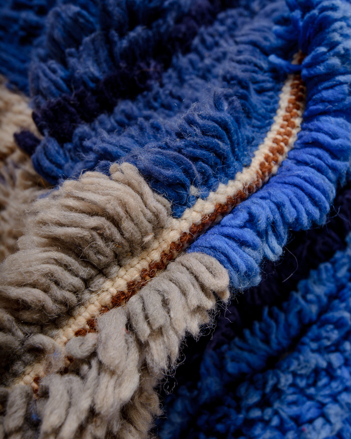 Modern, designer, handcrafted Berber rug from Morocco. Vintage carpet with beautiful colours and patterns and fluffy texture.