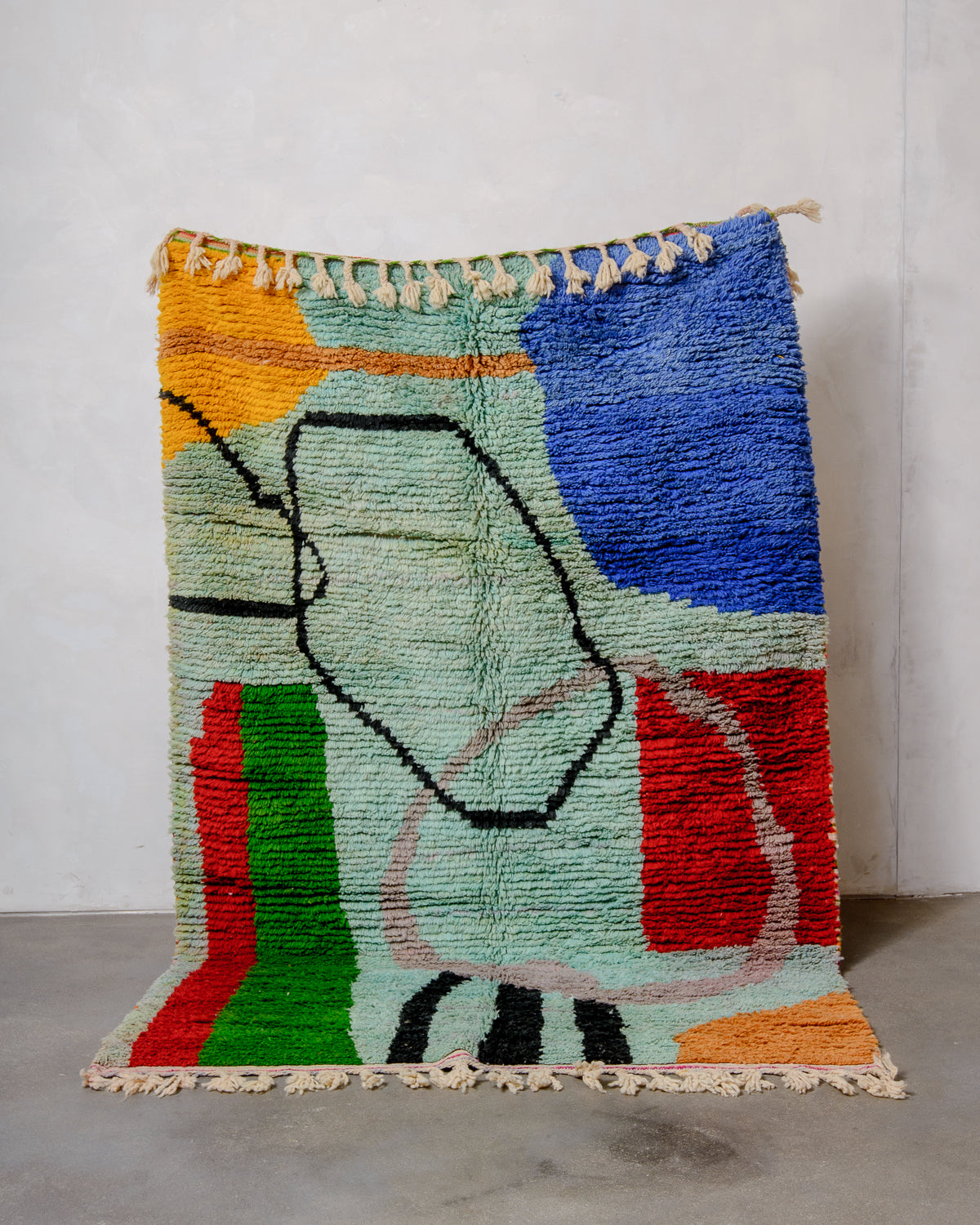 Modern, designer, handcrafted Berber rug from Morocco. Vintage carpet with beautiful colours and patterns and fluffy texture.