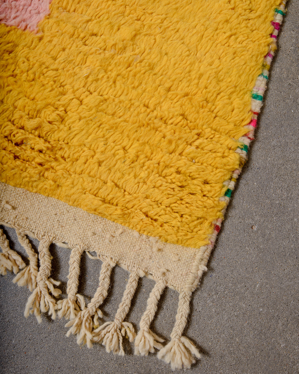 Modern, designer, handcrafted Berber rug from Morocco. Vintage carpet with beautiful colours and patterns and fluffy texture.