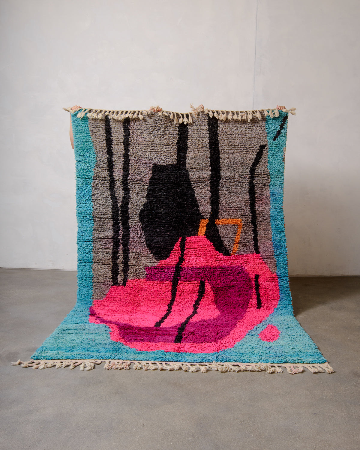 Modern, designer, handcrafted Berber rug from Morocco. Vintage carpet with beautiful colours and patterns and fluffy texture.