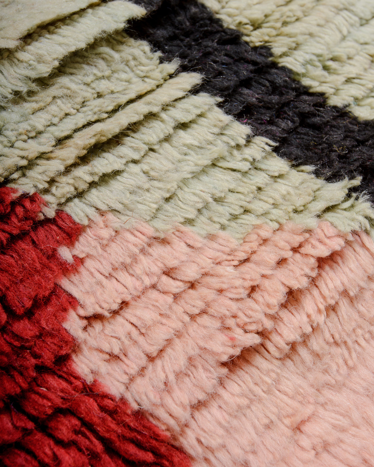 Modern, designer, handcrafted Berber rug from Morocco. Vintage carpet with beautiful colours and patterns and fluffy texture.