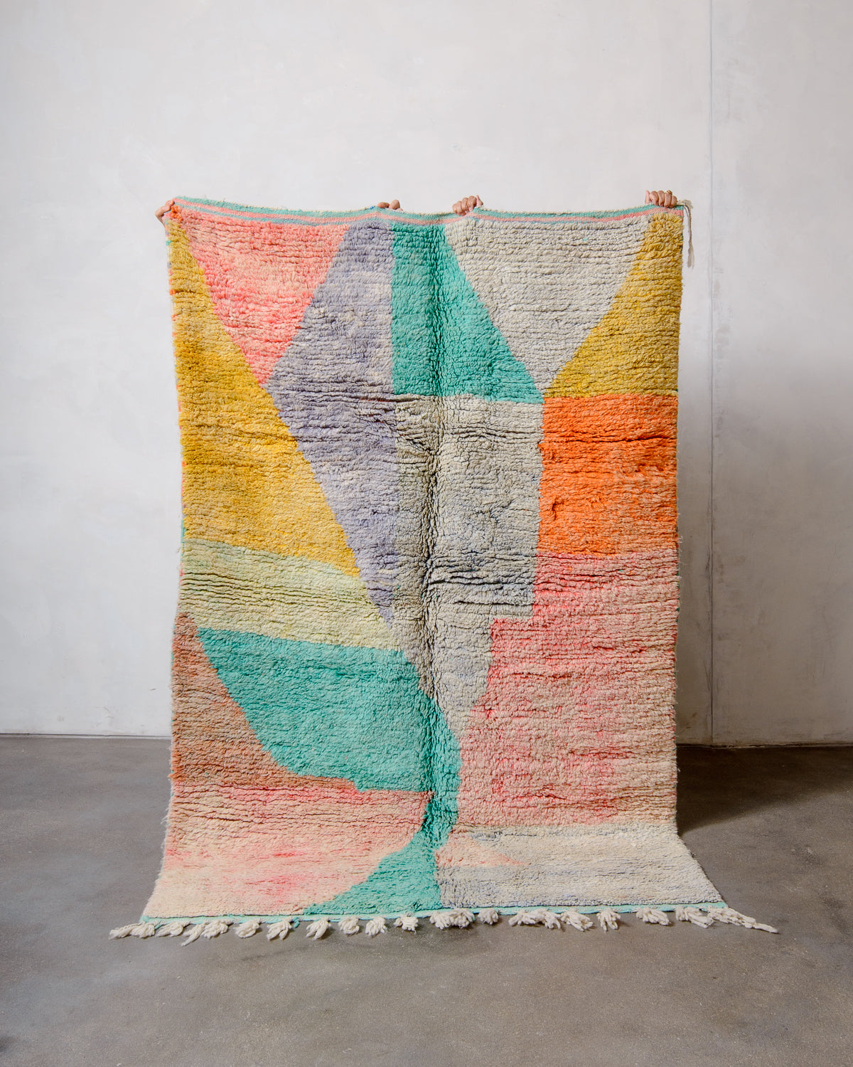 Modern, designer, handcrafted Berber rug from Morocco. Vintage carpet with beautiful colours and patterns and fluffy texture.