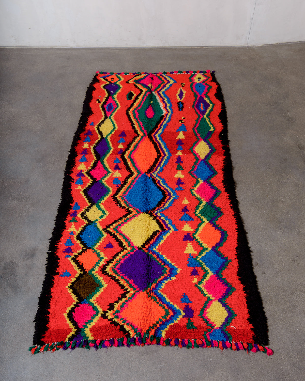 Modern, designer, handcrafted Berber rug from Morocco. Vintage carpet with beautiful colours and patterns and fluffy texture.