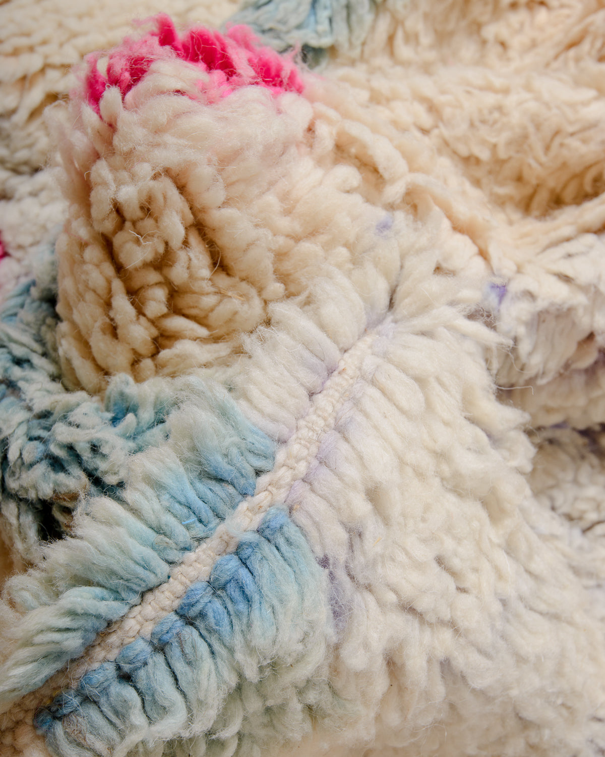 Modern, designer, handcrafted Berber rug from Morocco. Vintage carpet with beautiful colours and patterns and fluffy texture.