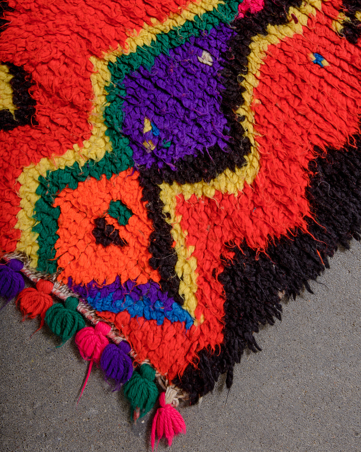 Modern, designer, handcrafted Berber rug from Morocco. Vintage carpet with beautiful colours and patterns and fluffy texture.