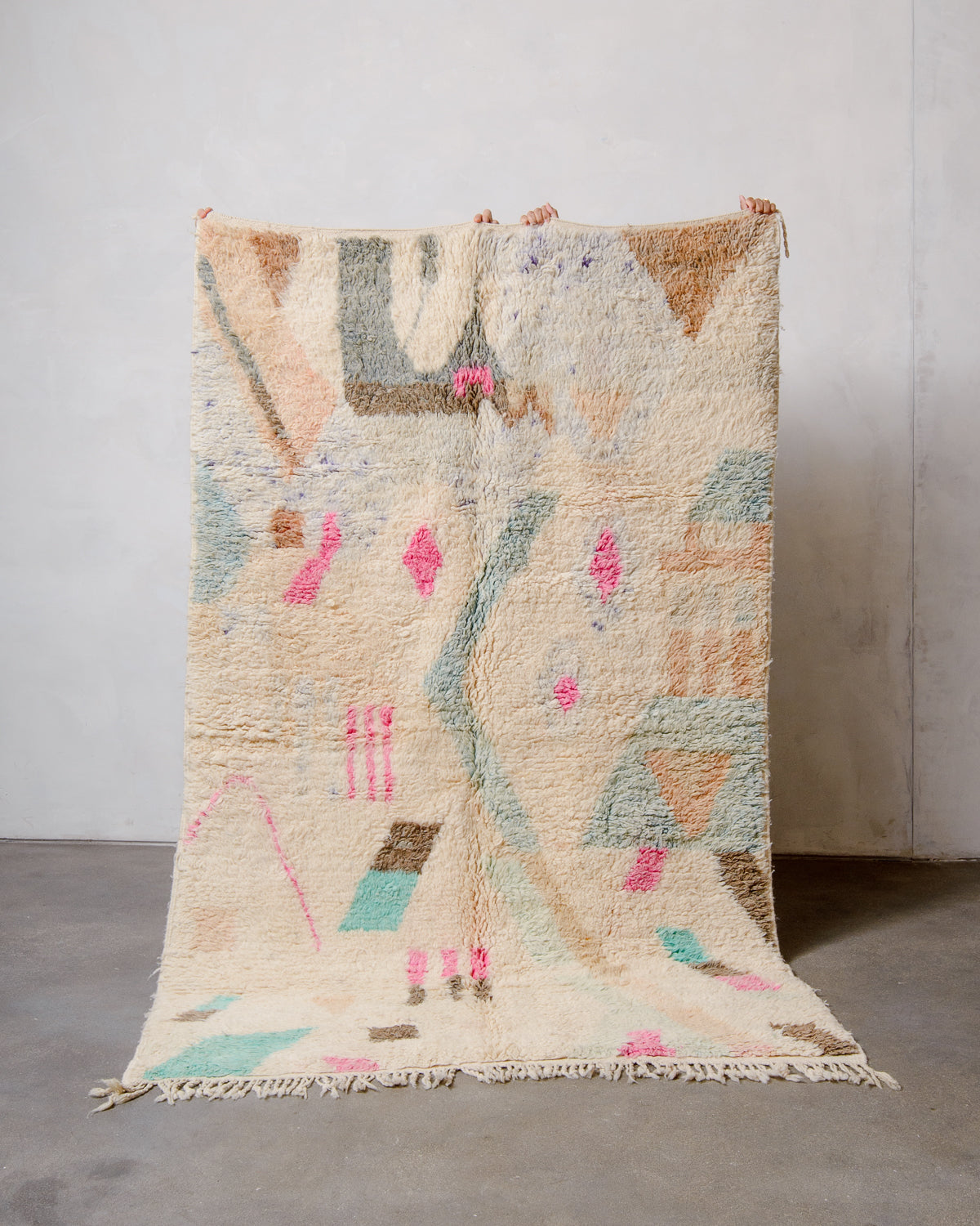 Modern, designer, handcrafted Berber rug from Morocco. Vintage carpet with beautiful colours and patterns and fluffy texture.