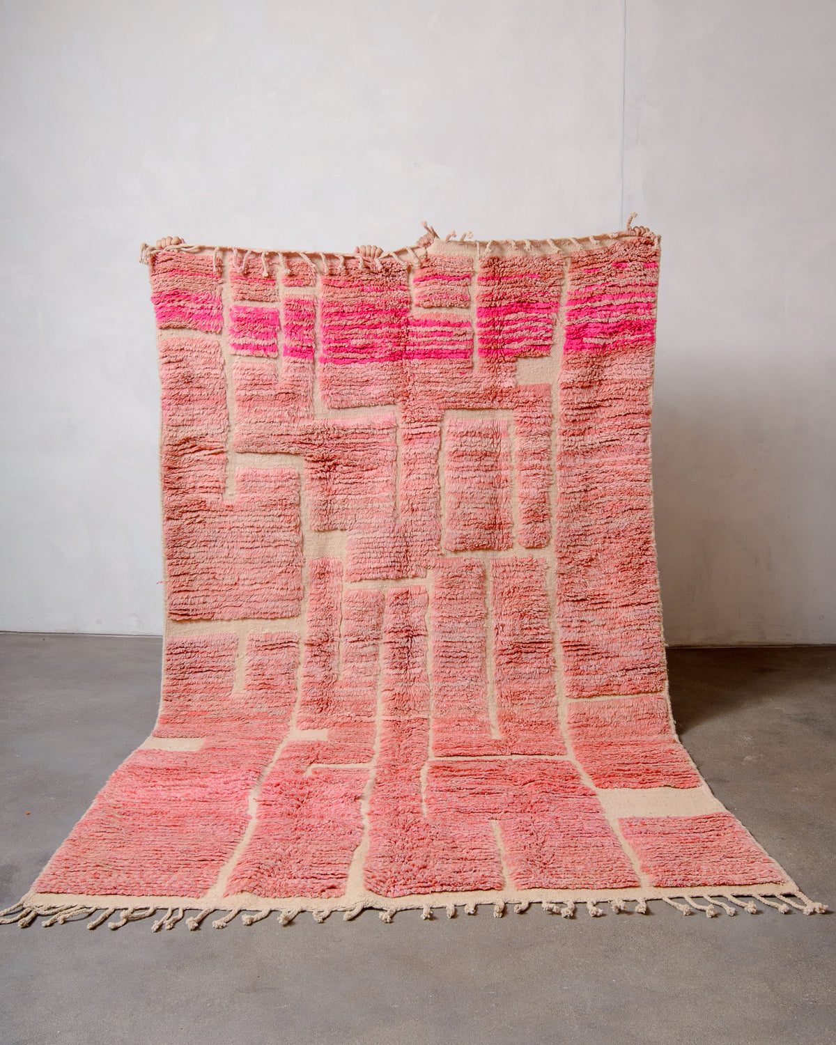 Modern, designer, handcrafted Berber rug from Morocco. Vintage carpet with beautiful colours and patterns and fluffy texture.