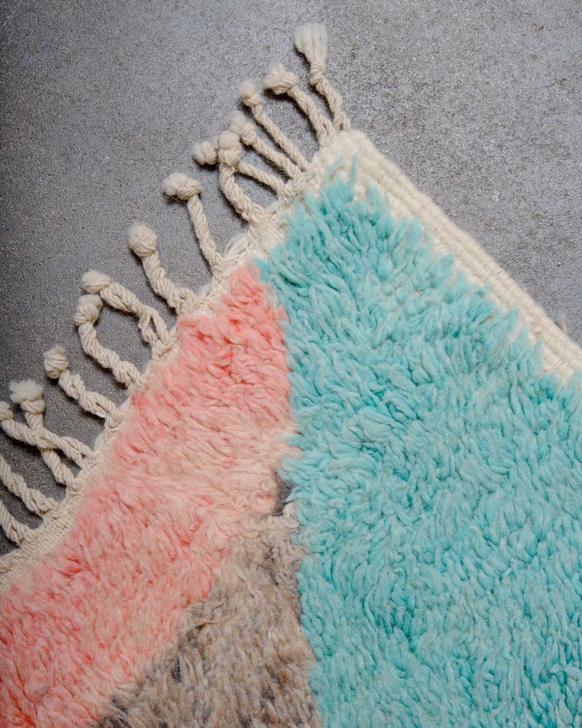 Modern, designer, handcrafted Berber rug from Morocco. Vintage carpet with beautiful colours and patterns and fluffy texture.