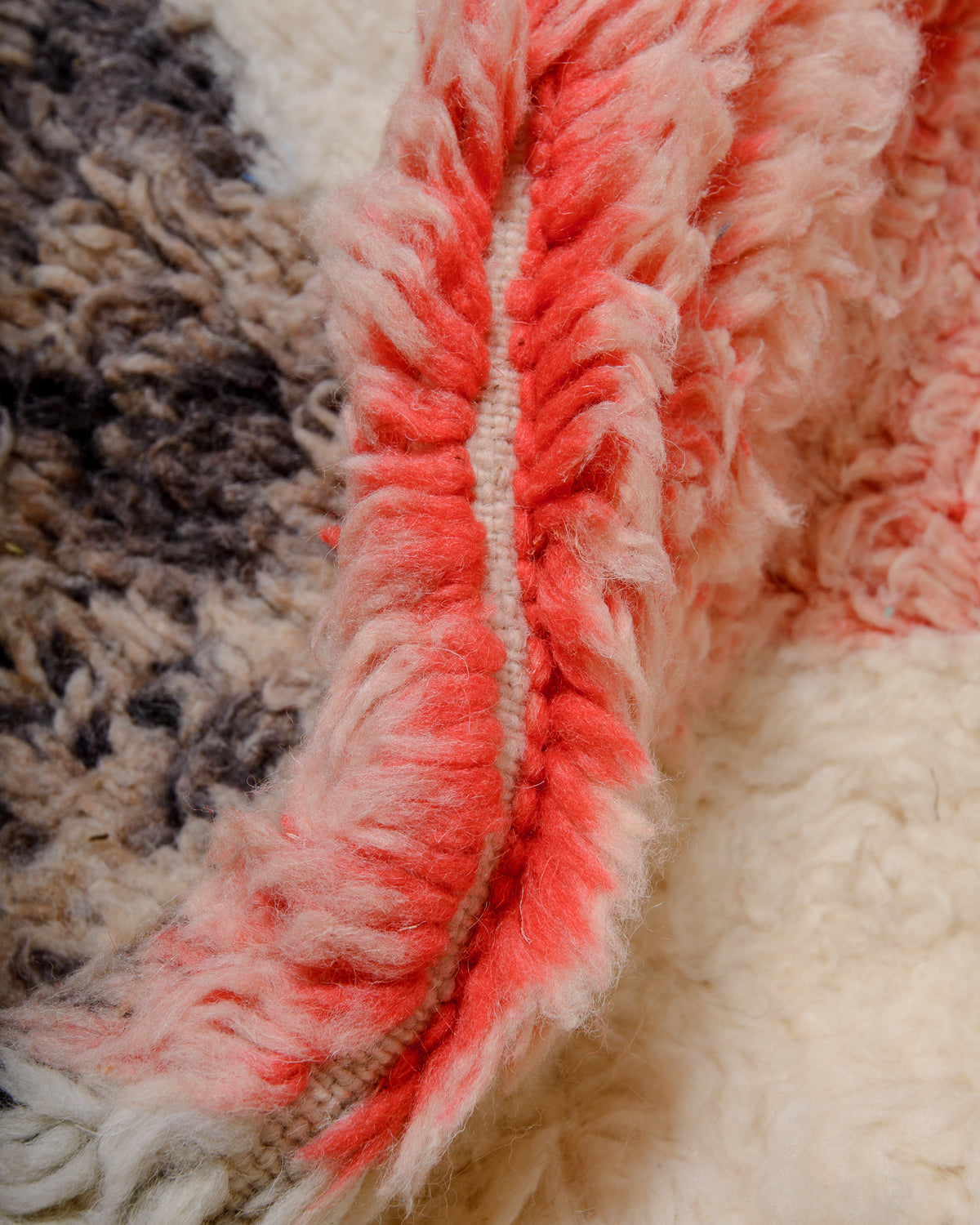 Modern, designer, handcrafted Berber rug from Morocco. Vintage carpet with beautiful colours and patterns and fluffy texture.