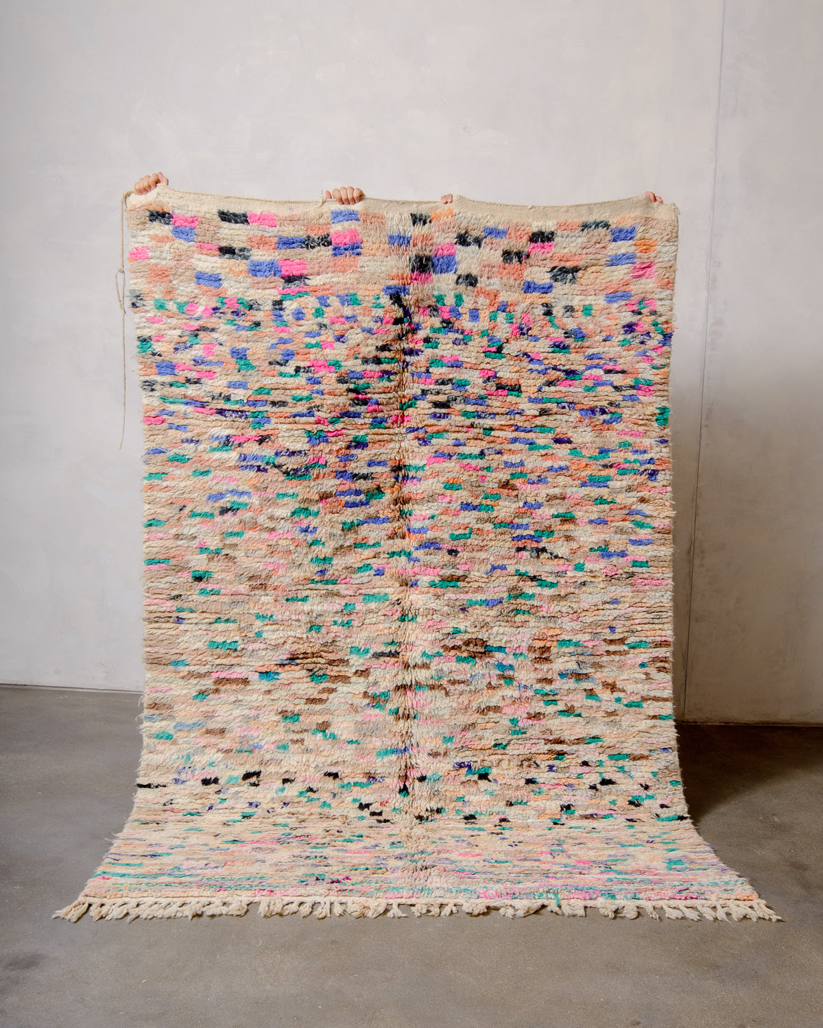 Modern, designer, handcrafted Berber rug from Morocco. Vintage carpet with beautiful colours and patterns and fluffy texture.