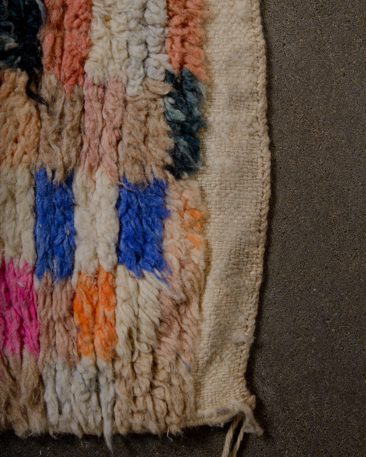 Modern, designer, handcrafted Berber rug from Morocco. Vintage carpet with beautiful colours and patterns and fluffy texture.
