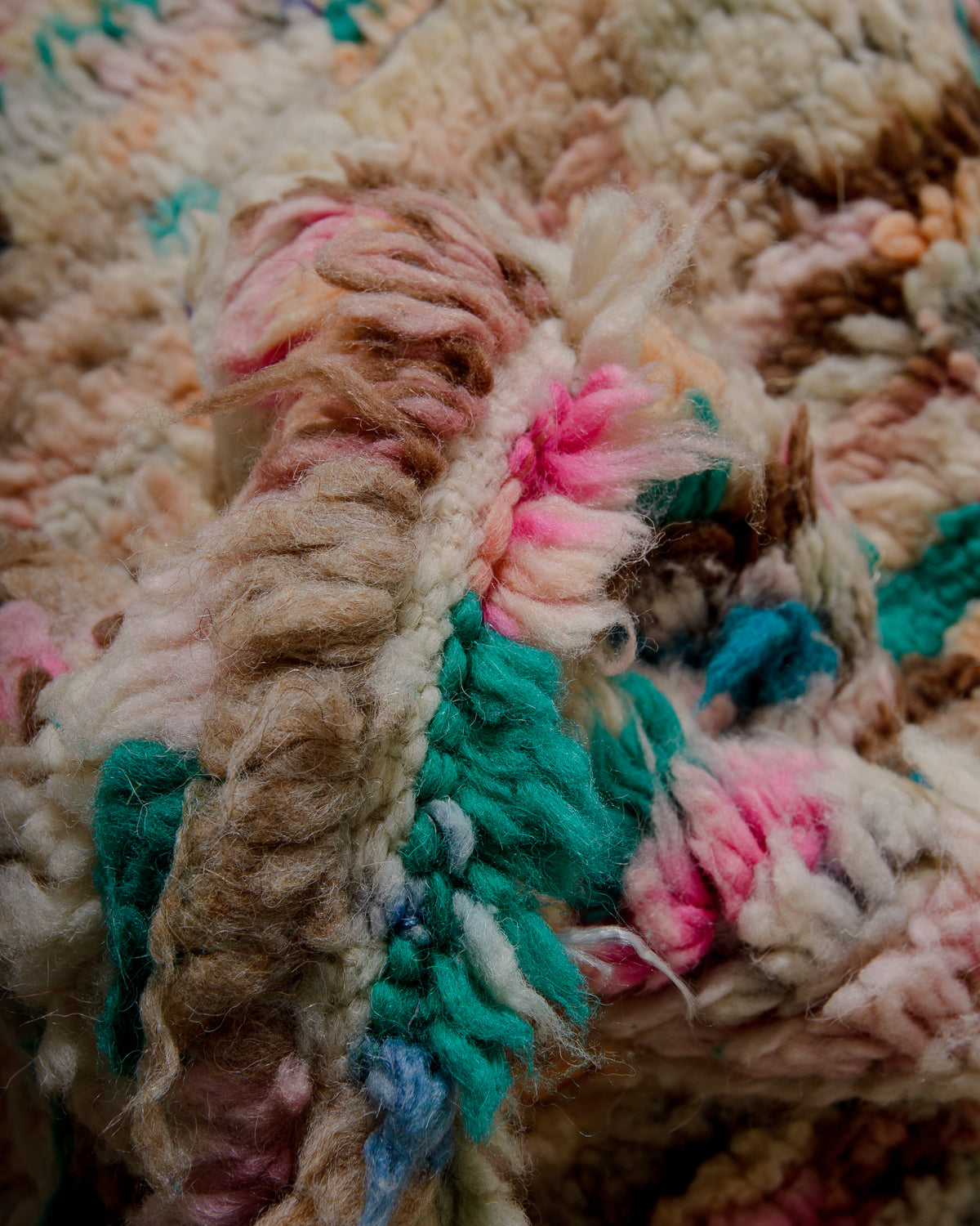 Modern, designer, handcrafted Berber rug from Morocco. Vintage carpet with beautiful colours and patterns and fluffy texture.