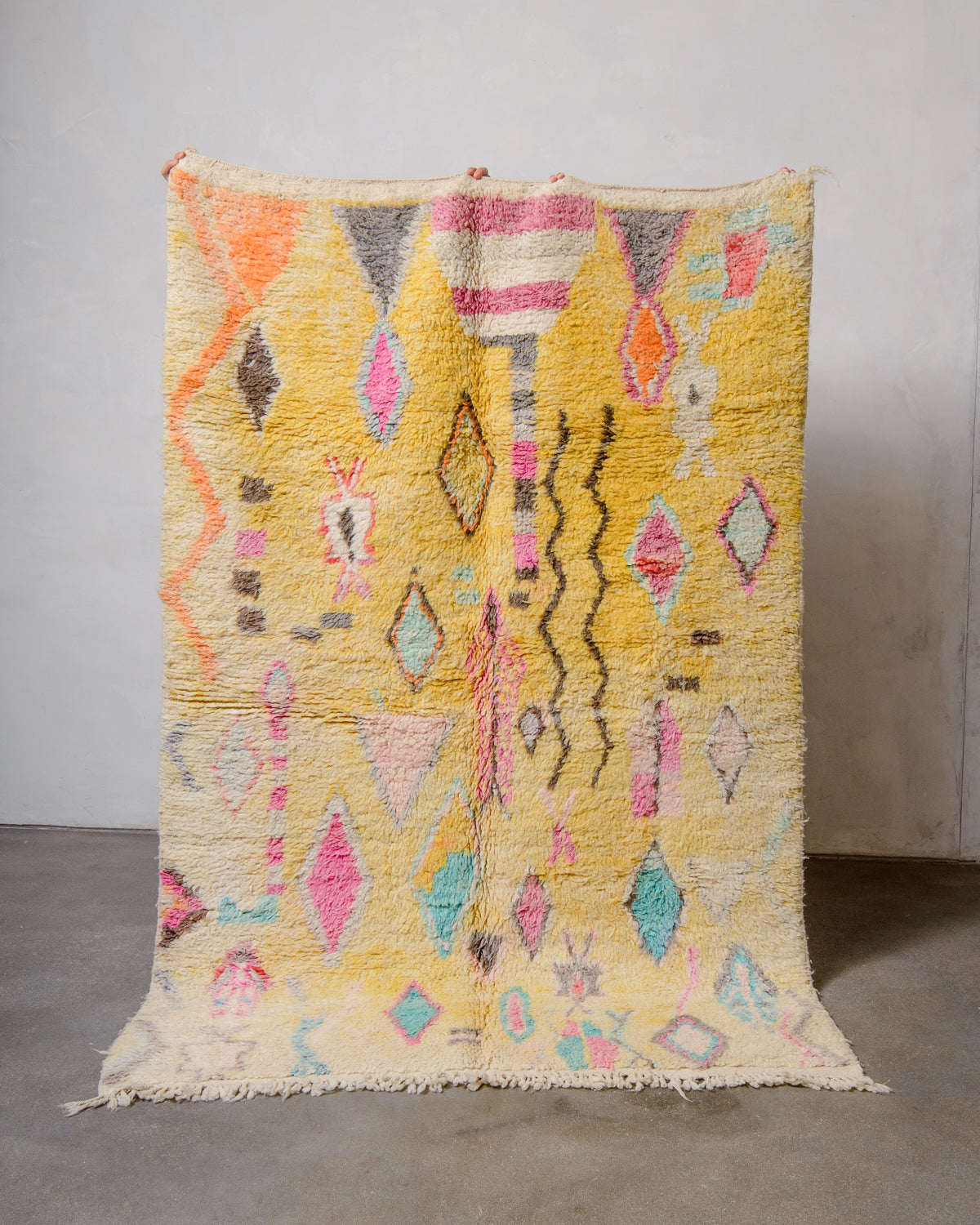 Modern, designer, handcrafted Berber rug from Morocco. Vintage carpet with beautiful colours and patterns and fluffy texture.