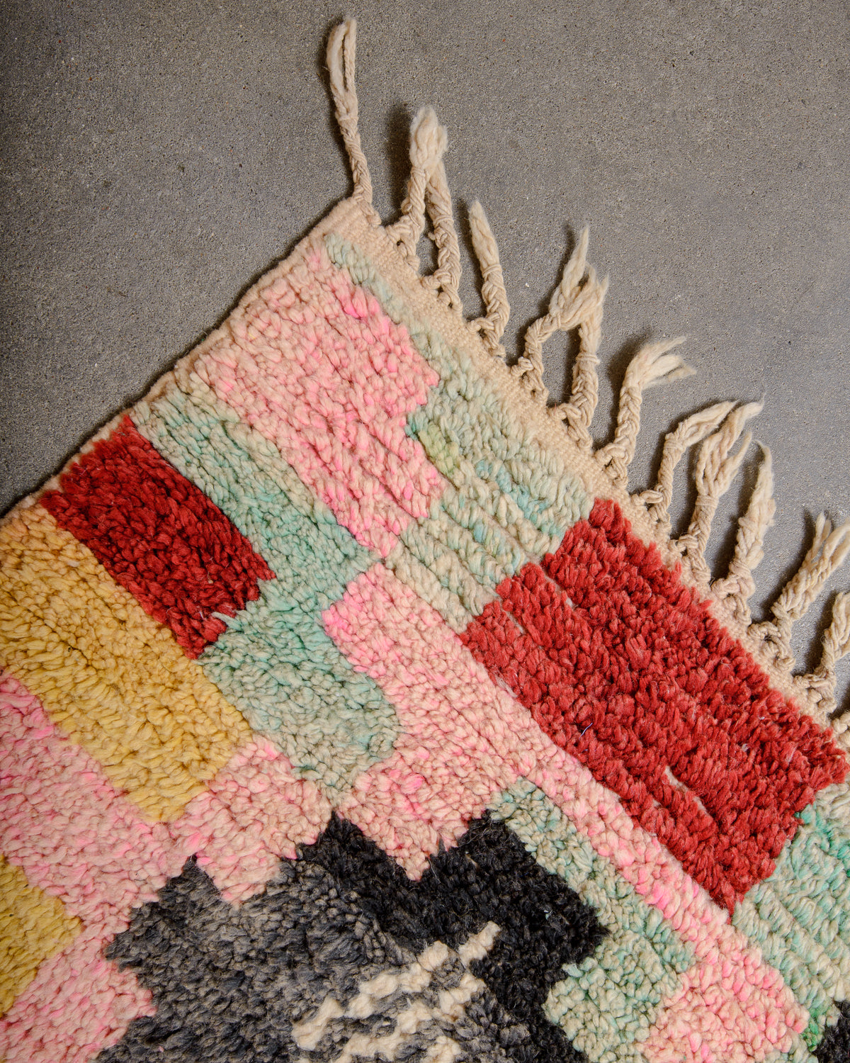 Modern, designer, handcrafted Berber rug from Morocco. Vintage carpet with beautiful colours and patterns and fluffy texture.