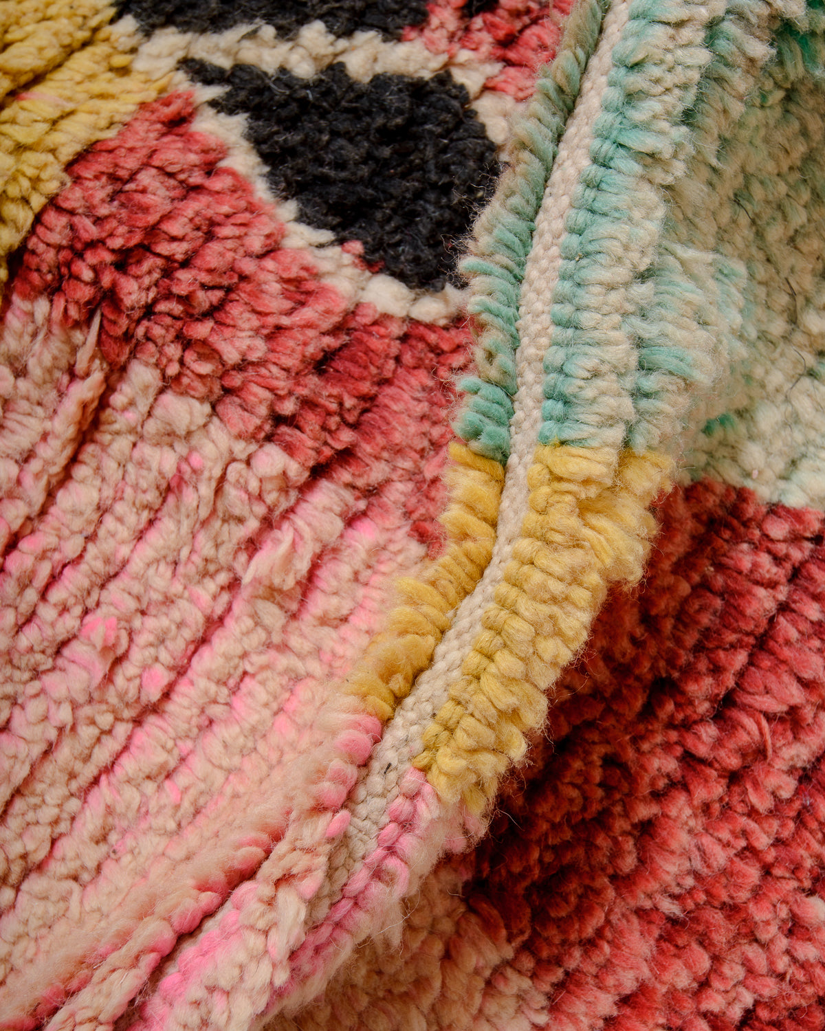 Modern, designer, handcrafted Berber rug from Morocco. Vintage carpet with beautiful colours and patterns and fluffy texture.