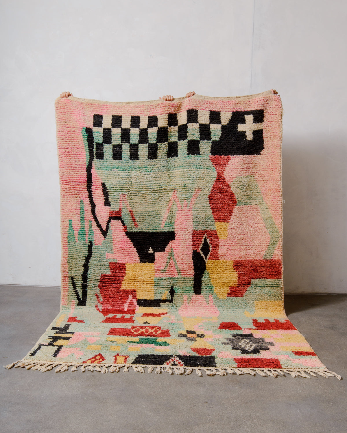 Modern, designer, handcrafted Berber rug from Morocco. Vintage carpet with beautiful colours and patterns and fluffy texture.