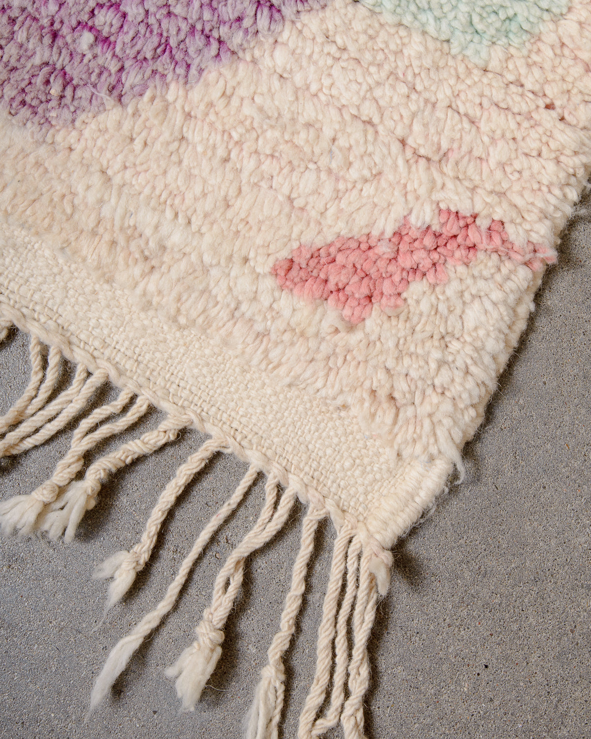 Modern, designer, handcrafted Berber rug from Morocco. Vintage carpet with beautiful colours and patterns and fluffy texture.