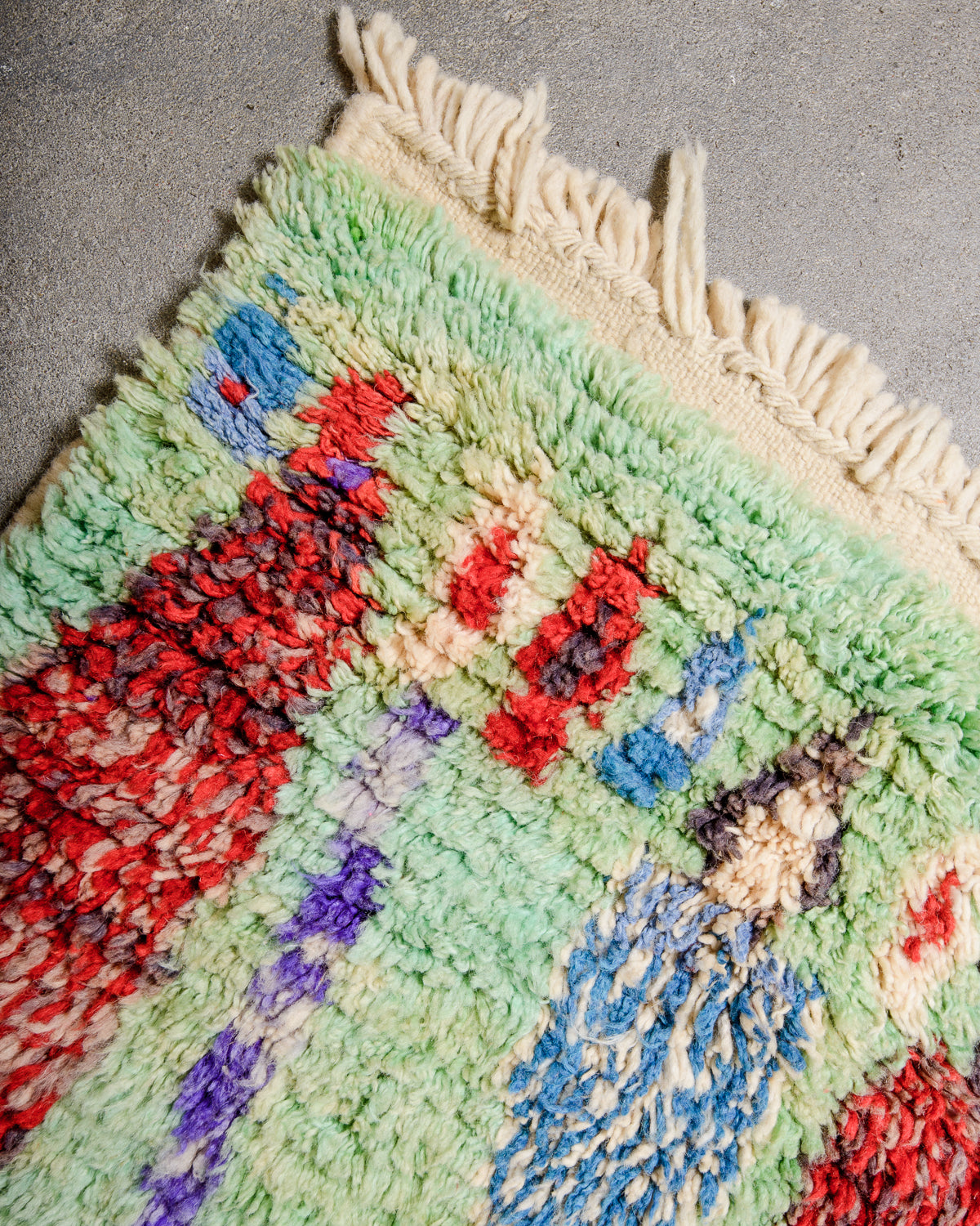 Modern, designer, handcrafted Berber rug from Morocco. Vintage carpet with beautiful colours and patterns and fluffy texture.